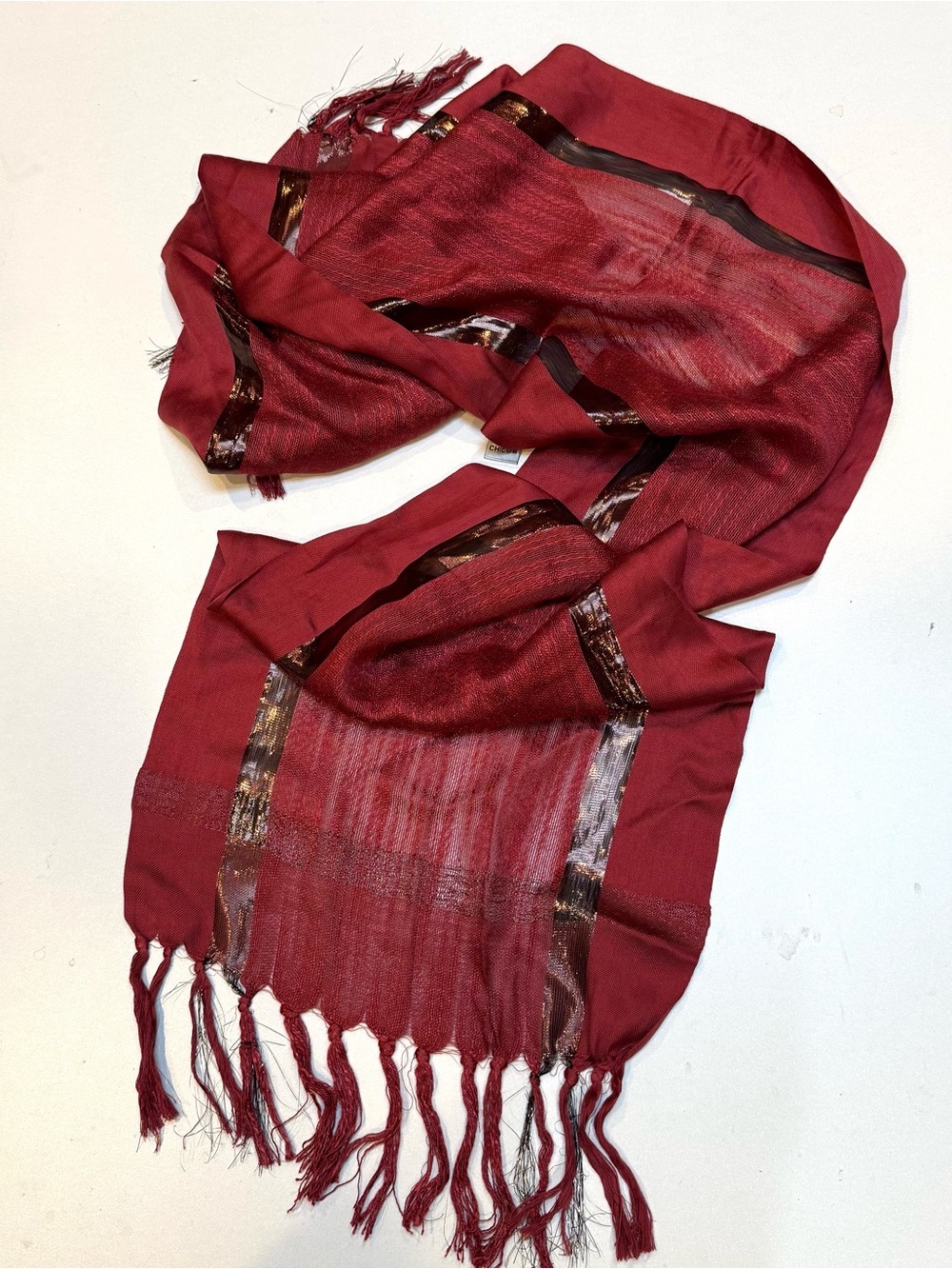 Chico's Burgundy Metallic Accent Fringe Scarf